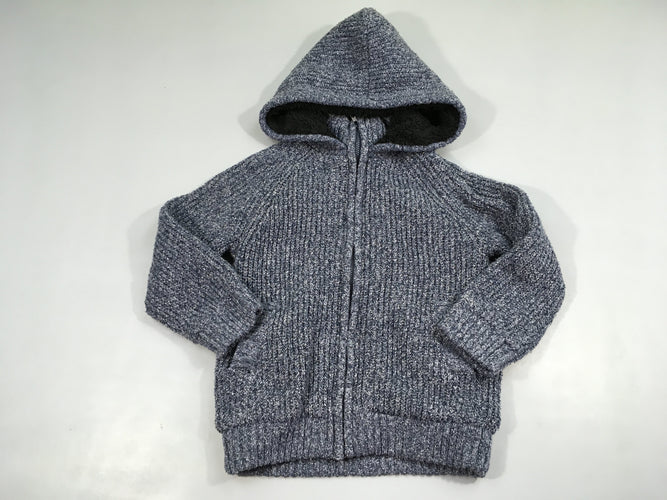 Gilet zippé à capuche bleu chiné gris doublé peluche, moins cher chez Petit Kiwi