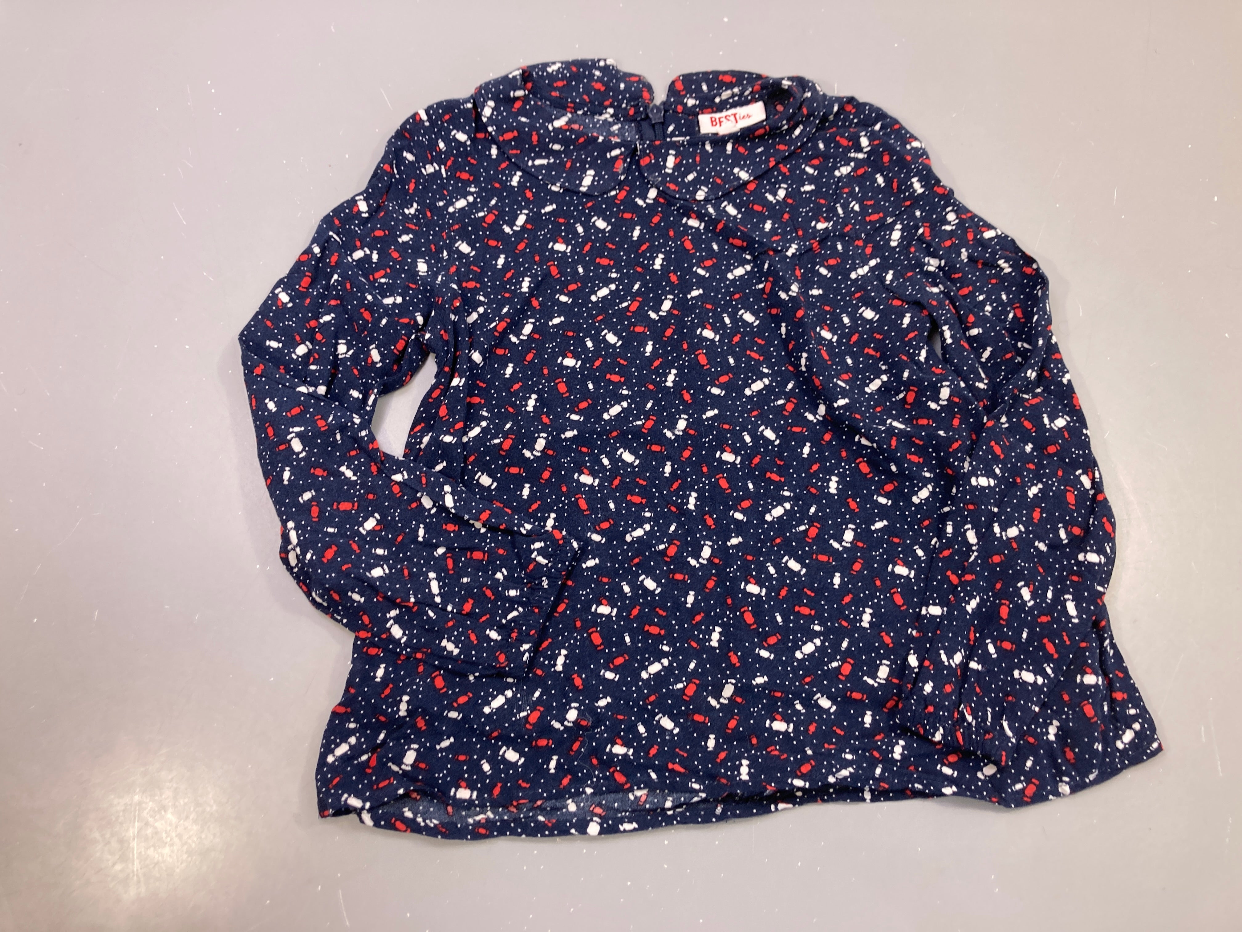 Blouse m.l bleu marine bonbons rouges blancs, col Claudine