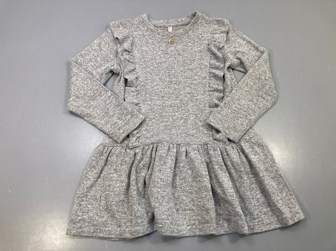 Robe m.l gris chiné maille, volants devant, pendentif rose doré, moins cher chez Petit Kiwi