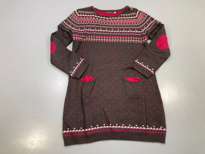 Robe pull m.l marron jacquard rose bordeaux, coudières, poches, moins cher chez Petit Kiwi