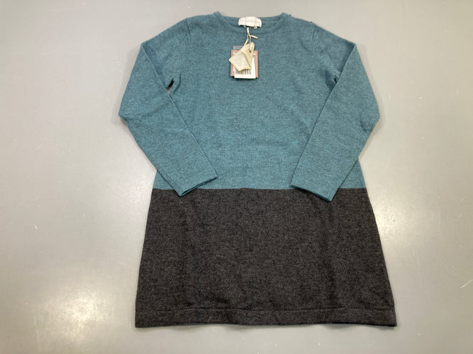 NEUF Robe pull m.l bleu canard et gris anthracite bicolore, 80% laine merinos, 10% cachemire, moins cher chez Petit Kiwi
