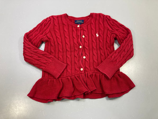 Gilet rouge maille torsadée, basque volantée, boutons, moins cher chez Petit Kiwi