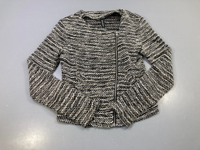 Veste zippée noir écru chiné maille bouclée, basque, zip asymétrique, moins cher chez Petit Kiwi