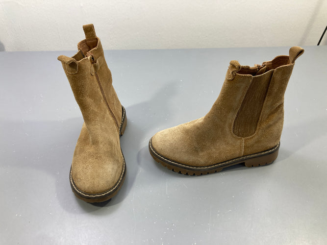 Bottines camel daim chelsea, élastique doré, zip, usées, 31, moins cher chez Petit Kiwi