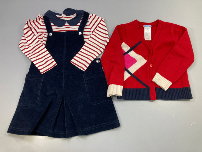 Ensemble 3pcs robe chasuble velours côtelé marine, t-shirt rayé rouge col Claudine, gilet rouge 55% laine 5% cachemire, moins cher chez Petit Kiwi