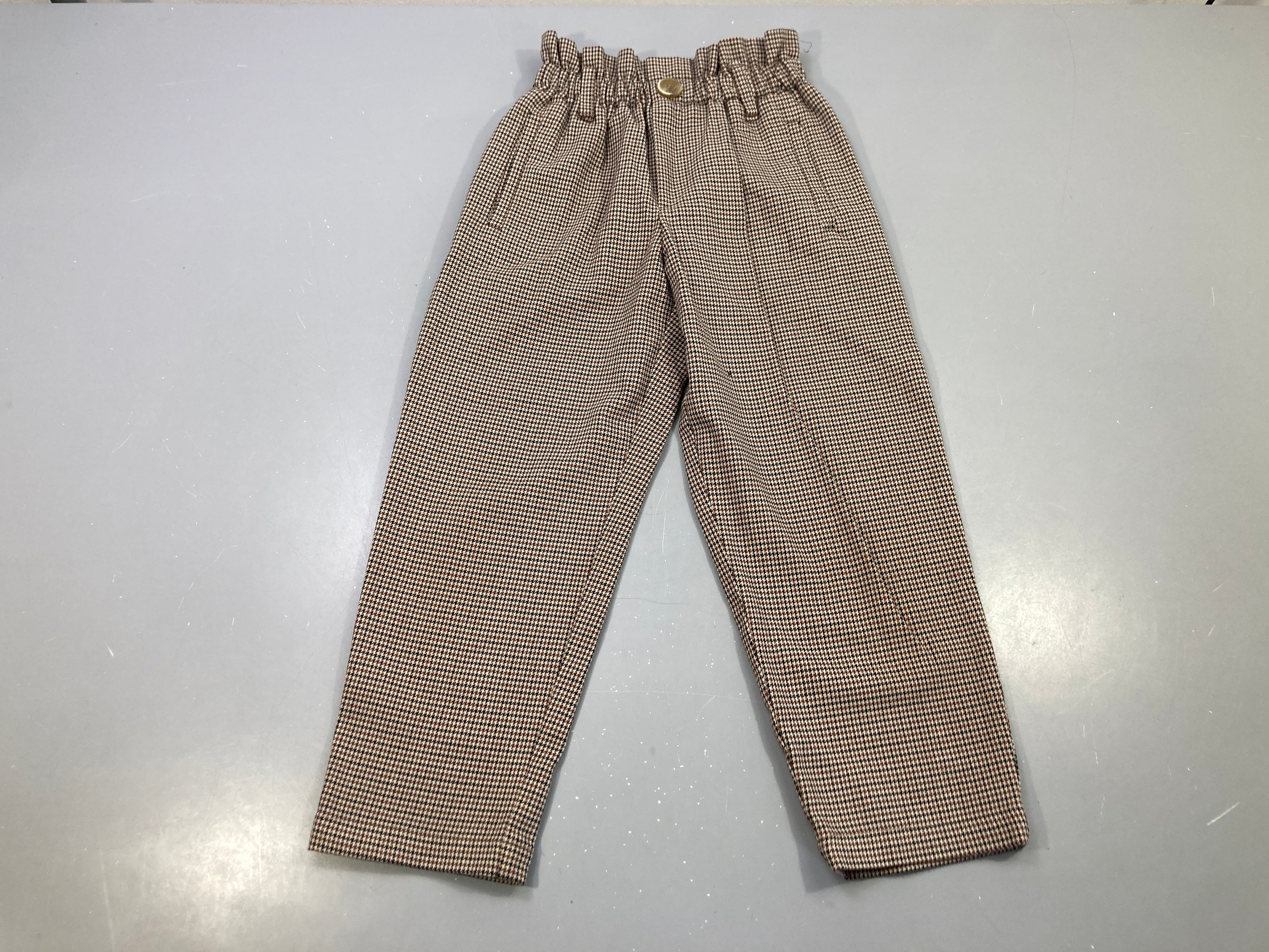 Pantalon pied-de-poule marron beige noir, taille froncée