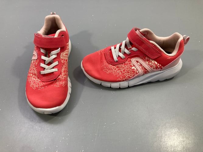 Baskets rose corail motifs, scratch et lacets élastiques, 31, moins cher chez Petit Kiwi