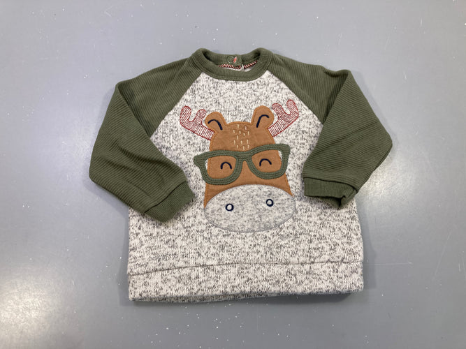 Sweat gris chiné manches kaki côtelées, élan à lunettes brodé, moins cher chez Petit Kiwi