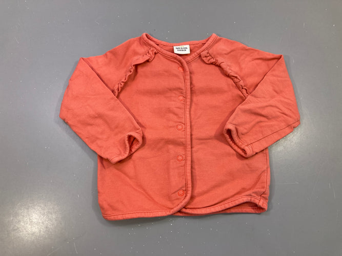 Gilet corail molleton, volants épaules, pressions, moins cher chez Petit Kiwi