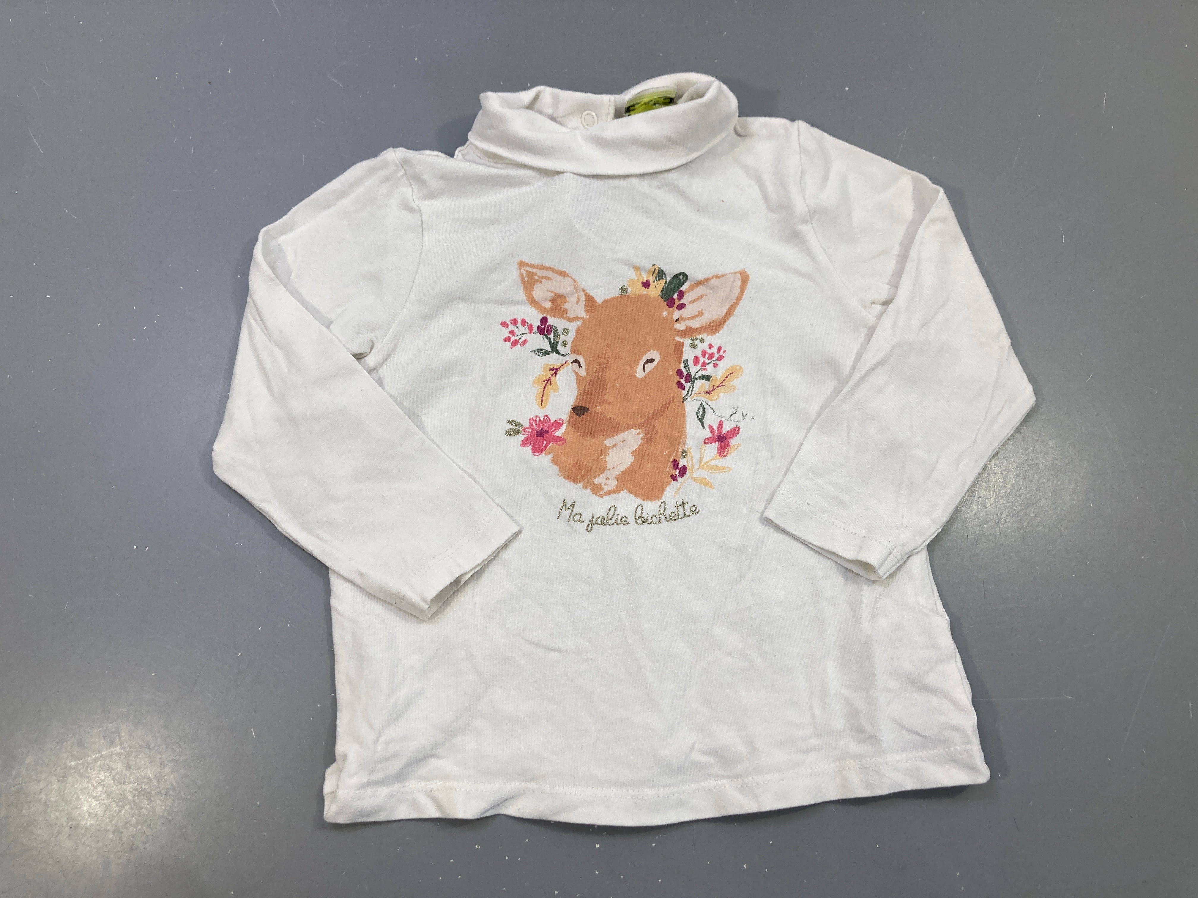 T-shirt m.l col roulé blanc biche fleurie, Ma jolie bichette