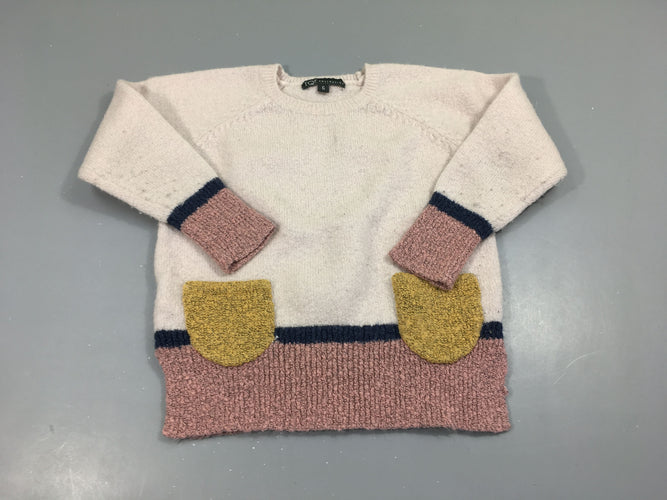 Pull écru rose pâle poches jaunes, moins cher chez Petit Kiwi