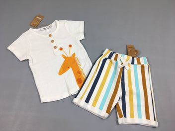 NEUF t-shirt m.c blanc flammé girafe + bermuda molleton ligné multicolore
