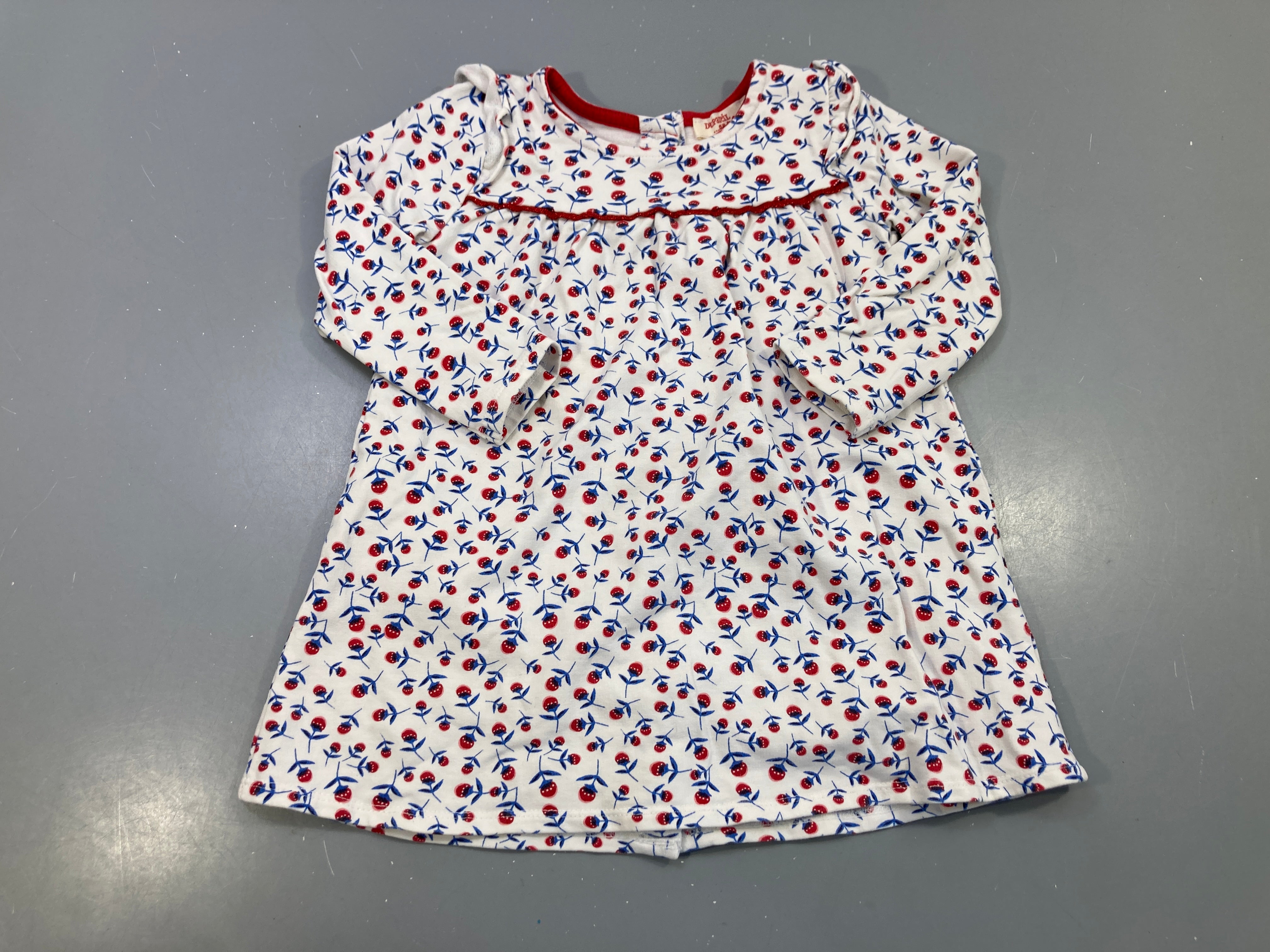 Robe m.l jersey blanche fleurs rouges et bleues, galon rouge