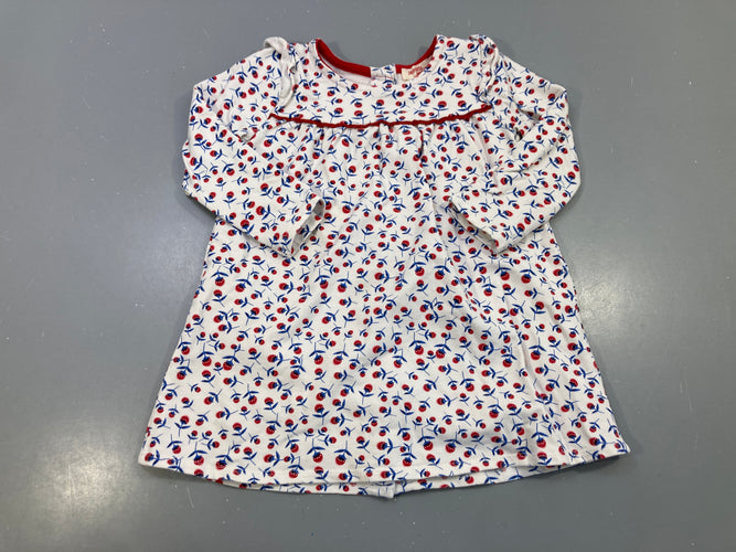 Robe m.l jersey blanche fleurs rouges et bleues, galon rouge, moins cher chez Petit Kiwi