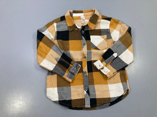 Chemise m.l grands carreaux moutarde, noir et écru, poche poitrine, moins cher chez Petit Kiwi