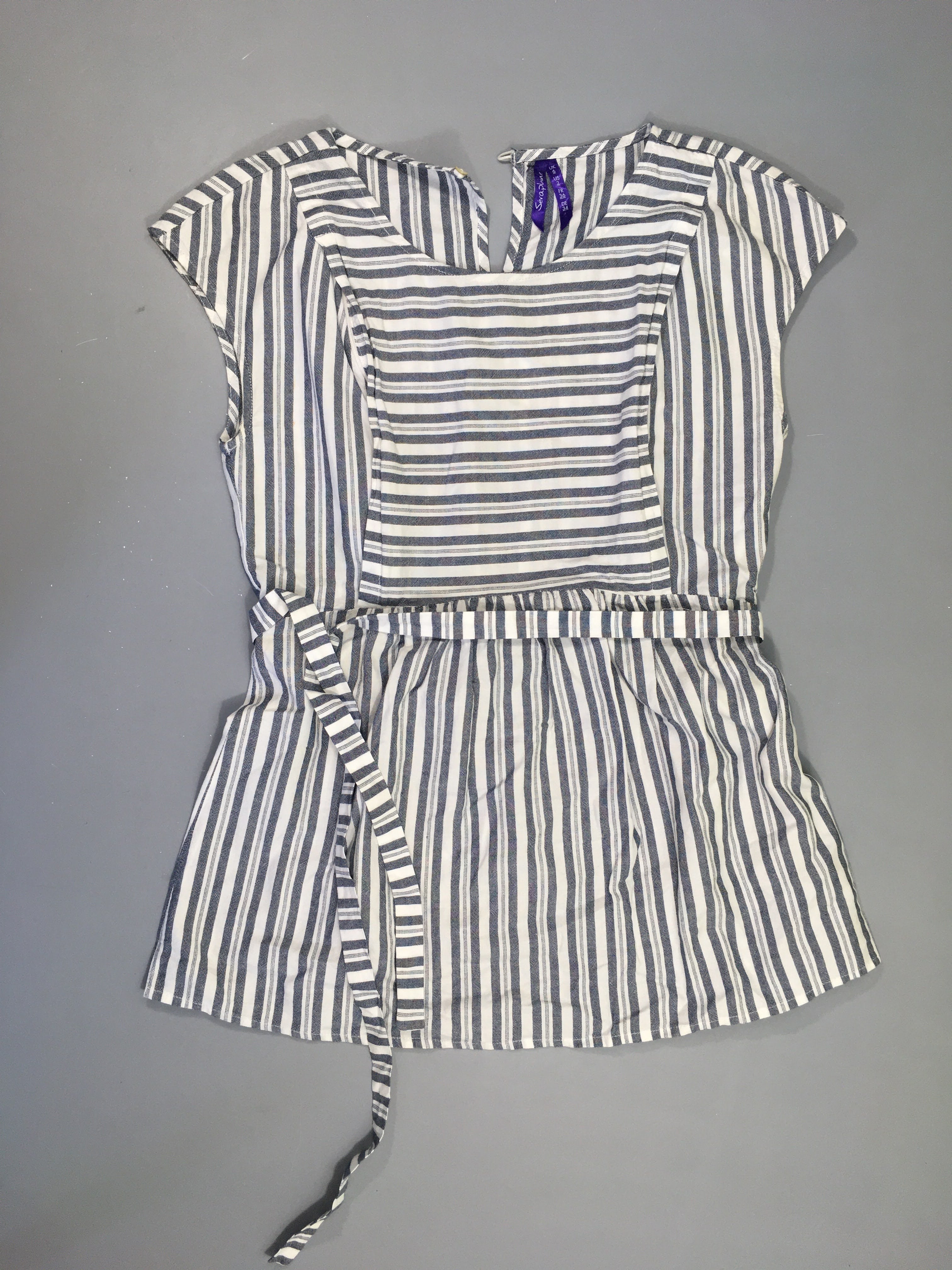 Séraphine-Blouse m.c blanche lignée bleu gris 100%Coton