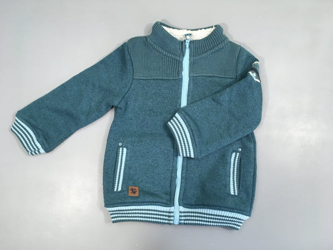 Gilet zippé bleu col doublé moutonné, légèrement bouloché, moins cher chez Petit Kiwi