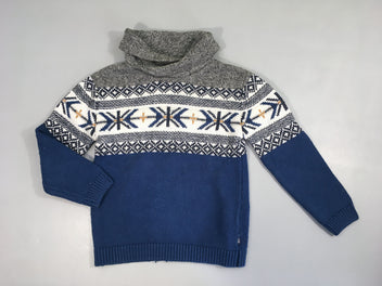 Pull bleu/gris motifs col snood, 5% laine, légèrement bouloché