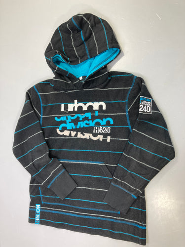 Sweat capuche polaire noir rayé bleu et gris, intérieur capuche turquoise, poche kangourou, Hinton, moins cher chez Petit Kiwi