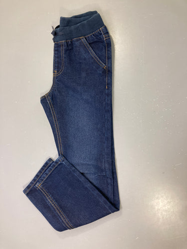 Pantalon jean bleu foncé taille élastique côtelée cordon, moins cher chez Petit Kiwi