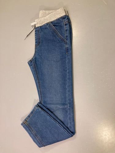 Pantalon jean bleu moyen taille élastique côtelée grise, cordon gris, moins cher chez Petit Kiwi