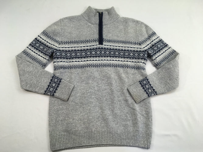 Pull gris chiné motifs bleus 80% laine, bas des manches à relaver, moins cher chez Petit Kiwi