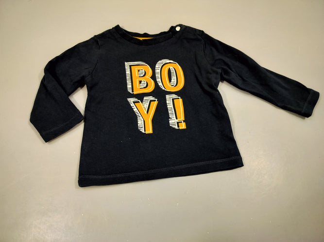 T-shirt m.l bleu marine  inscriptions jaunes "Boy!" 95% coton 5% élasthanne, moins cher chez Petit Kiwi
