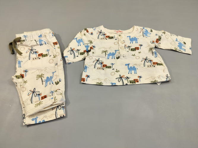 Ensemble assorti, T-shirt m.l  + short beige clair flammé  motifs désert (chameaux, palmiers,...), moins cher chez Petit Kiwi
