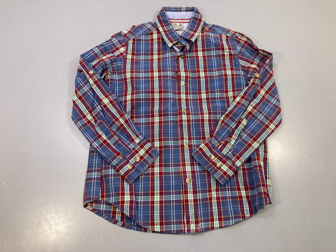 Chemise m.l bleue carreaux bordeaux, verts et orange, manches retroussables, moins cher chez Petit Kiwi