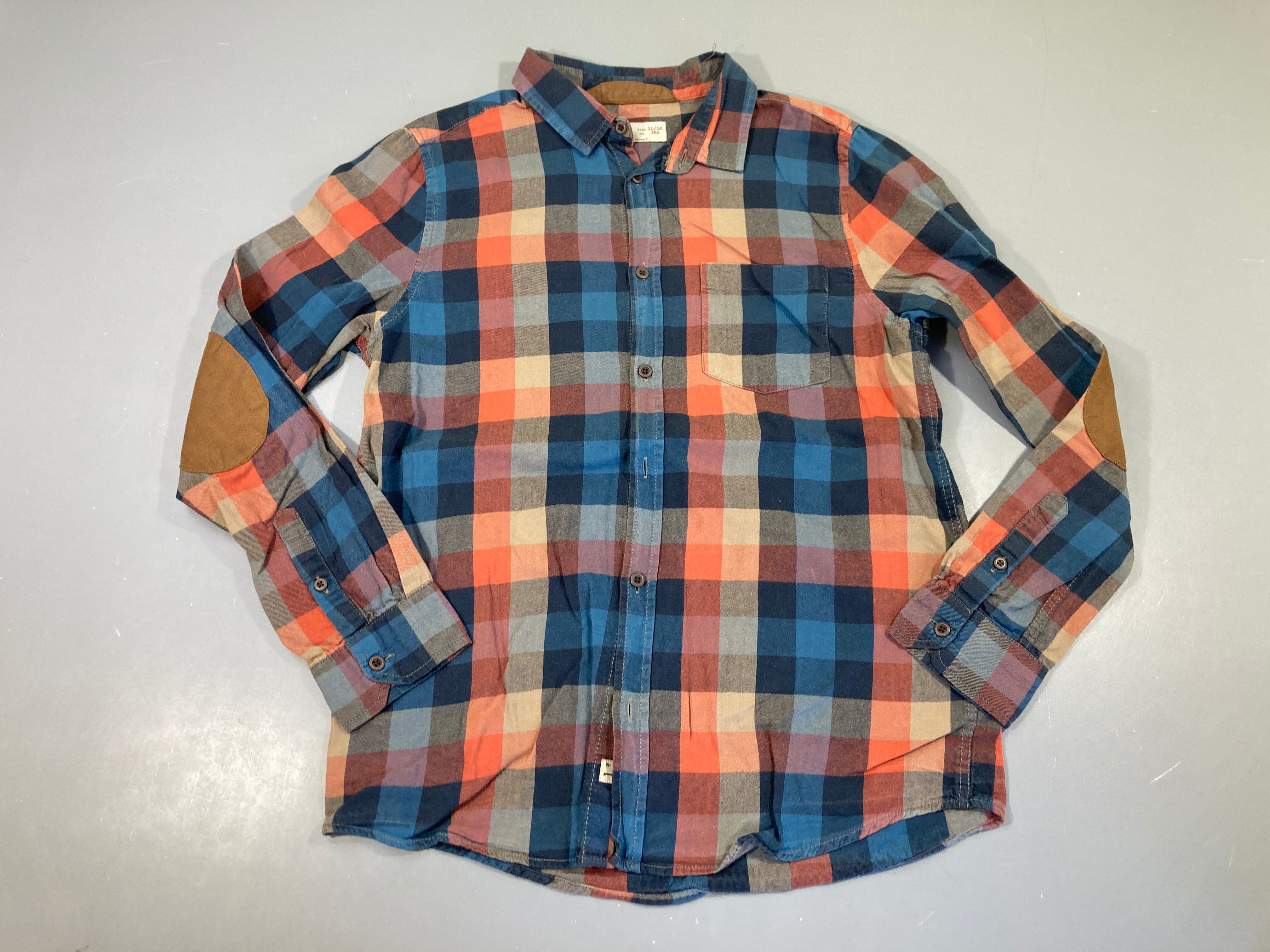 Chemise m.l à carreaux bleu/beig/orange, légèrement bouloché