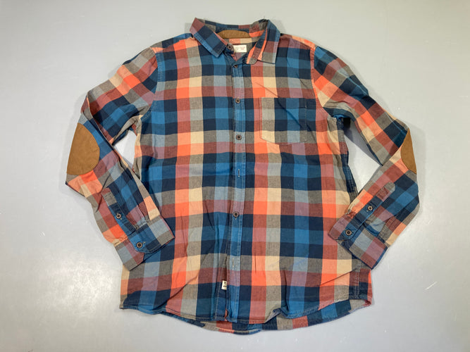 Chemise m.l à carreaux bleu/beig/orange, légèrement bouloché, moins cher chez Petit Kiwi