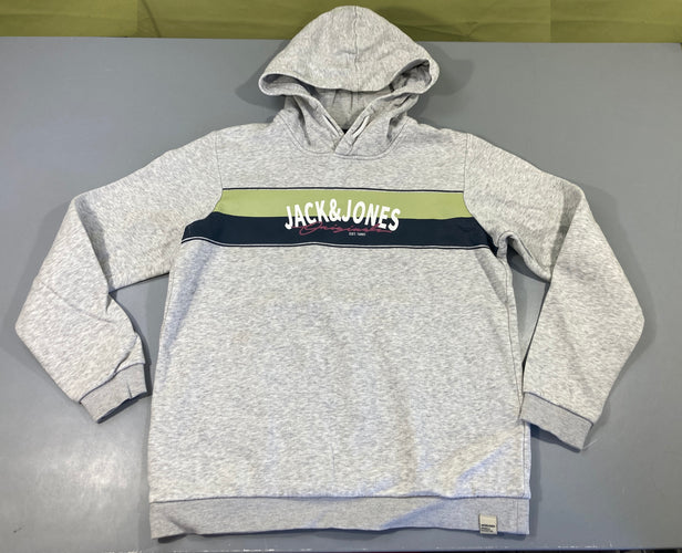 Sweat à capuche gris chiné Jack&Jons, bouloché et flocage un peu usé, moins cher chez Petit Kiwi
