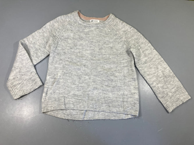 Pull gris chiné, 5% laine, un peu bouloché, moins cher chez Petit Kiwi