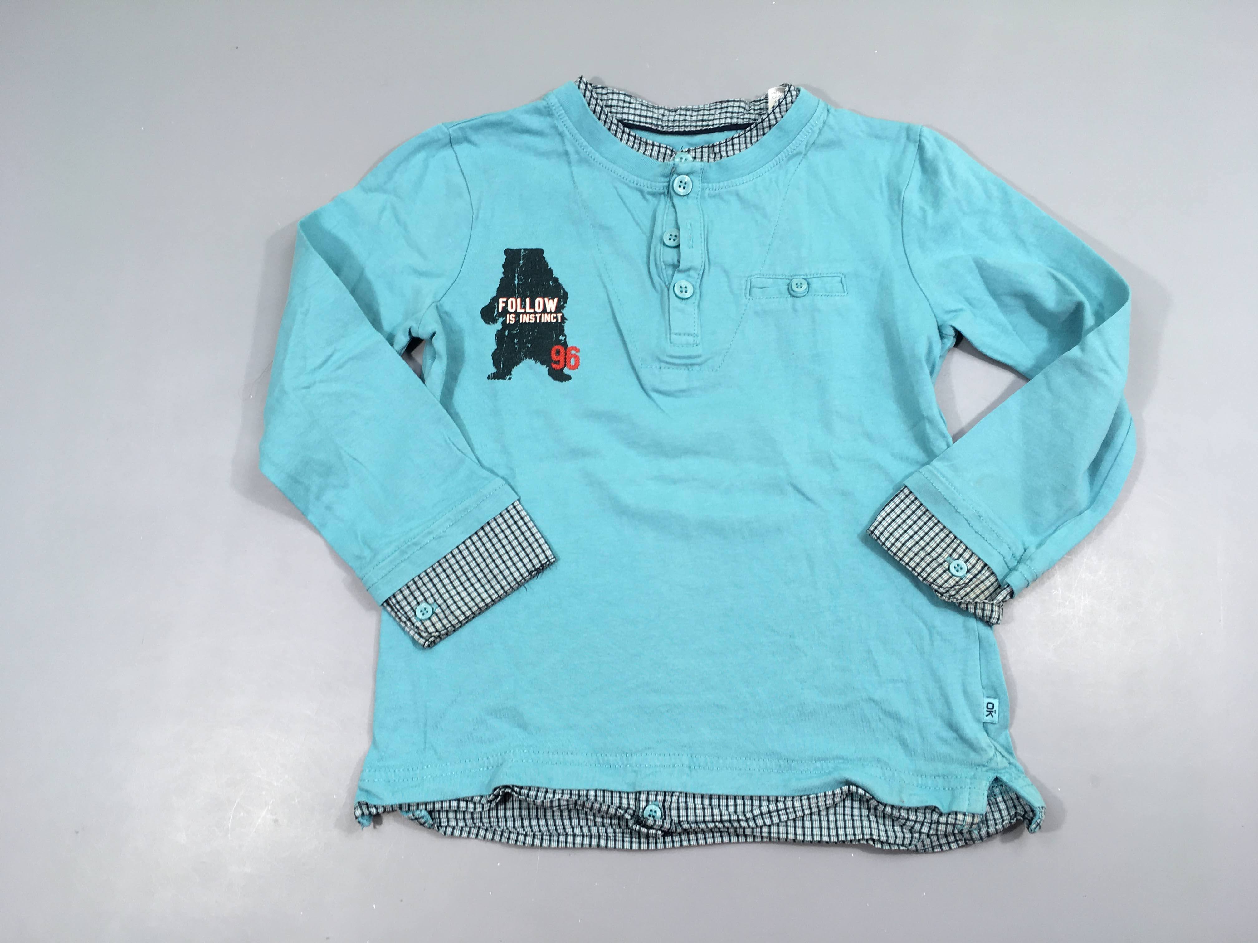 T-shirt m.l turquoise effet superposé chemise à carreaux col mao