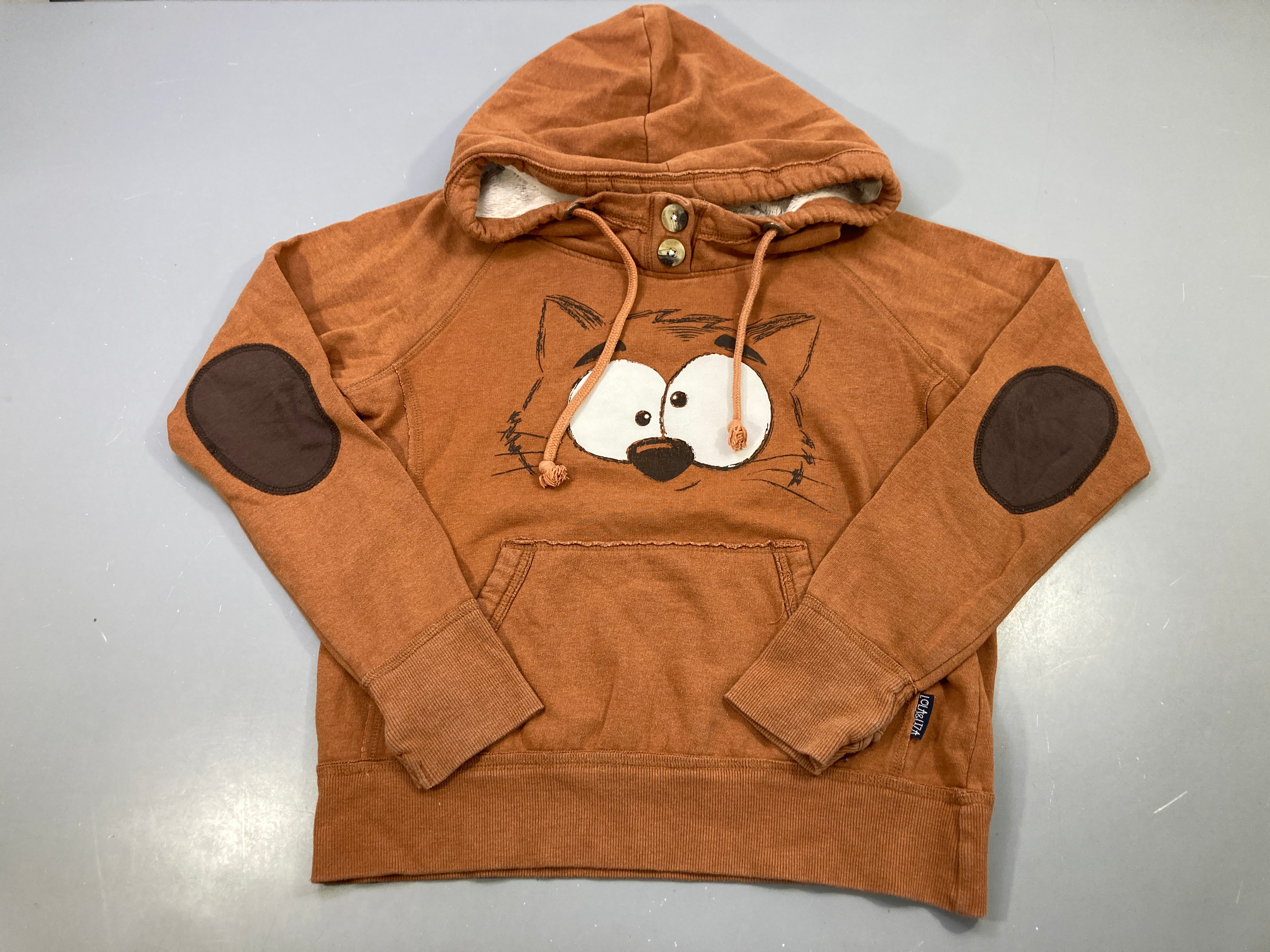 Sweat capuche brun imprimé chat, capuche doublée sherpa, légèrement bouloché