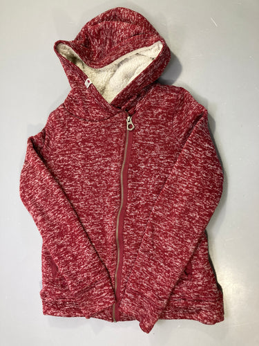 Gilet capuche bordeaux chiné zippé asymétrique, doublure sherpa écrue, bouloché, moins cher chez Petit Kiwi
