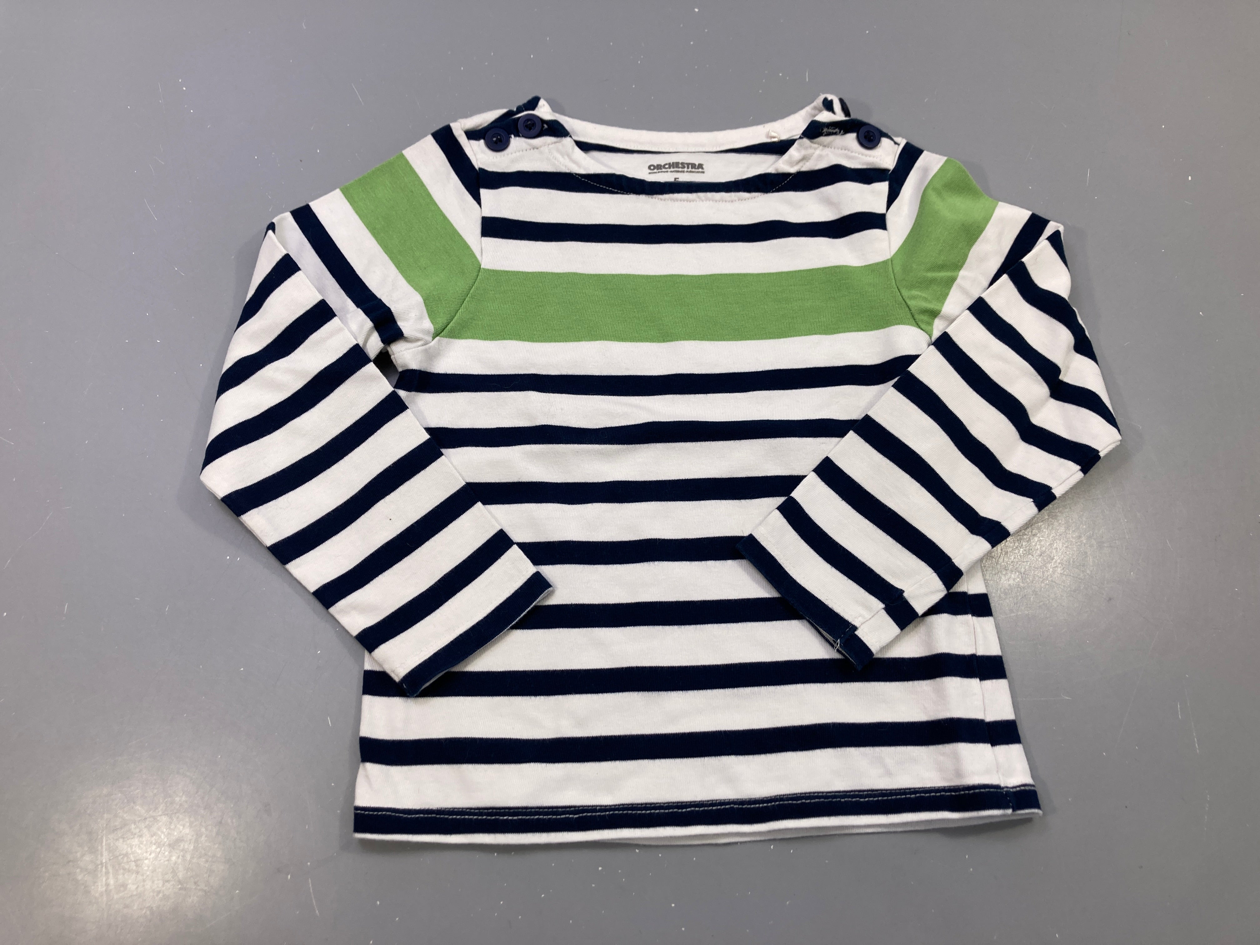 T-shirt m.l marinière blanche rayée bleu marine, bande verte, boutons épaule