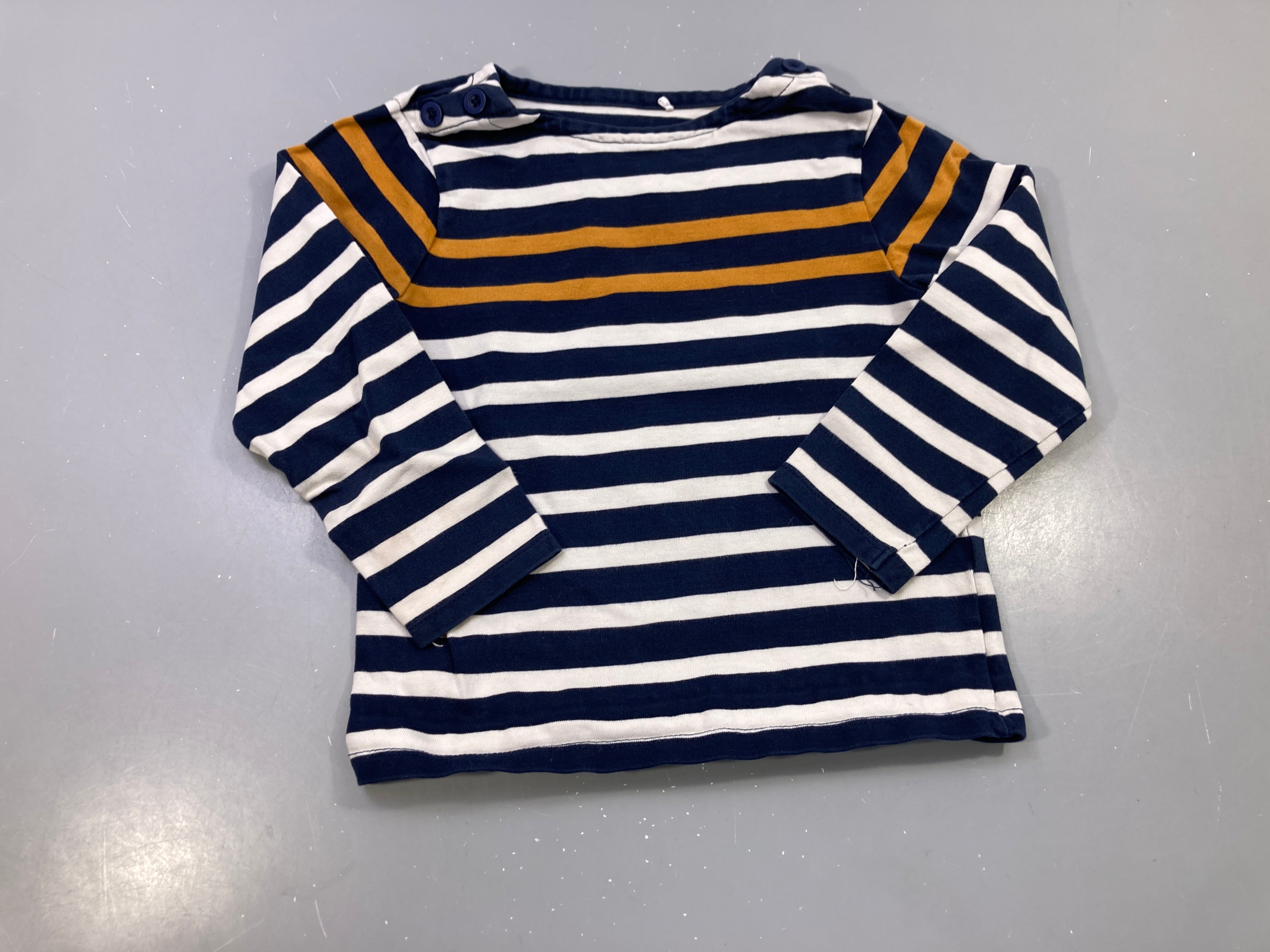 T-shirt m.l marinière bleu marine et blanche, rayures camel, boutons épaule