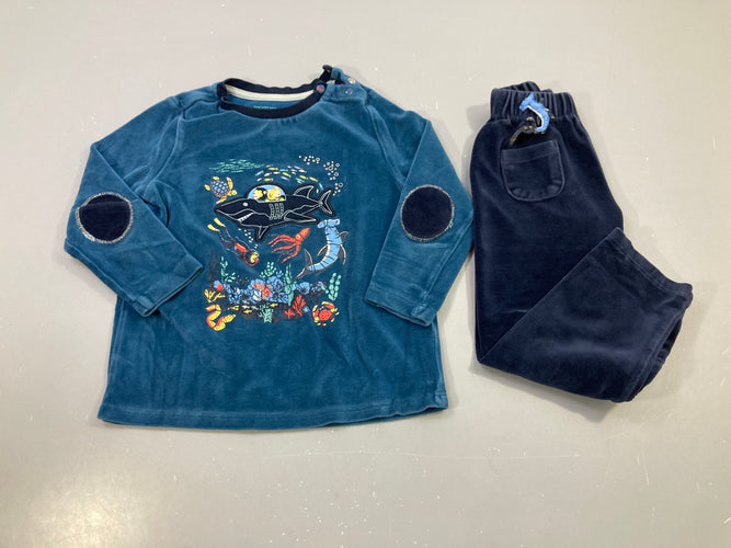 Pyjamas velours bleu pétrole et bleu marine, haut motif fonds marins, coudières, moins cher chez Petit Kiwi