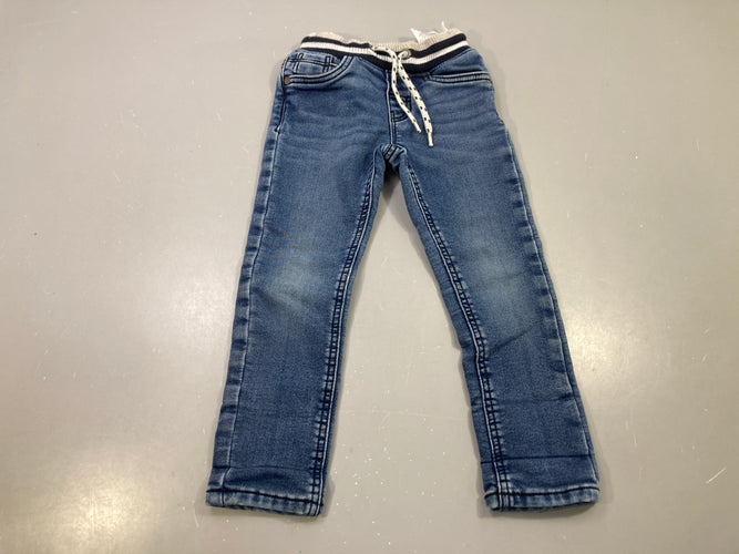 Pantalon jean bleu taille élastique côtelée rayée, cordon, moins cher chez Petit Kiwi