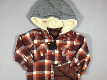 Neuf - Veste à carreaux bruns style chemise à capuche grise - intérieur matelassé