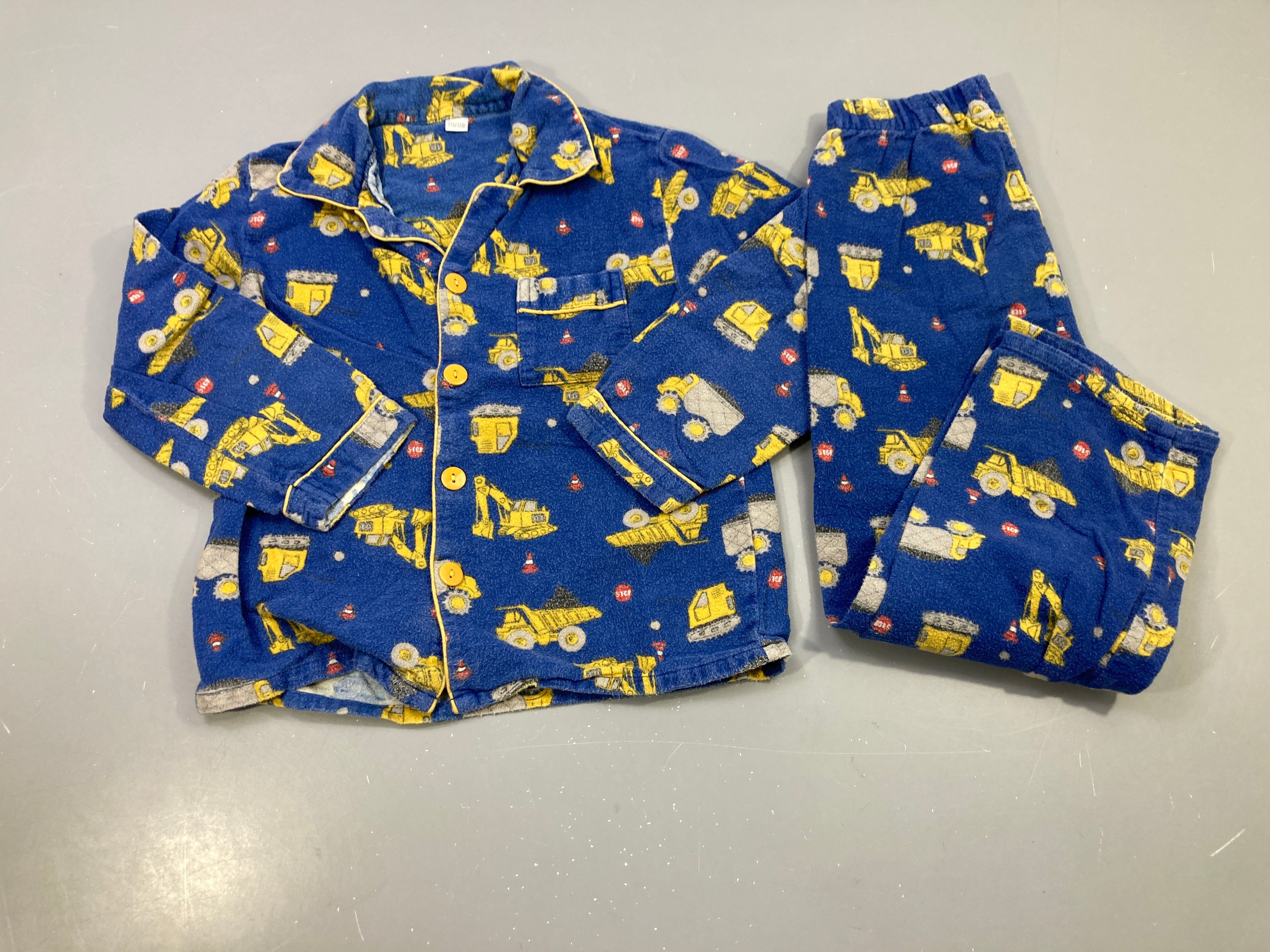 Pyjama 2pcs flanelle bleu engins de chantier jaunes, bouloché