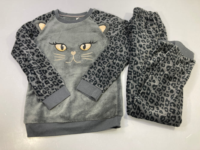 Pyjama 2pcs velours gris léopard noir, chat brodé à oreilles, moins cher chez Petit Kiwi