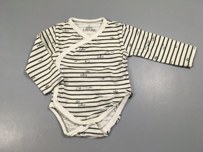 Body m.l blanc rayé gris foncé avec bateaux et poissons, moins cher chez Petit Kiwi