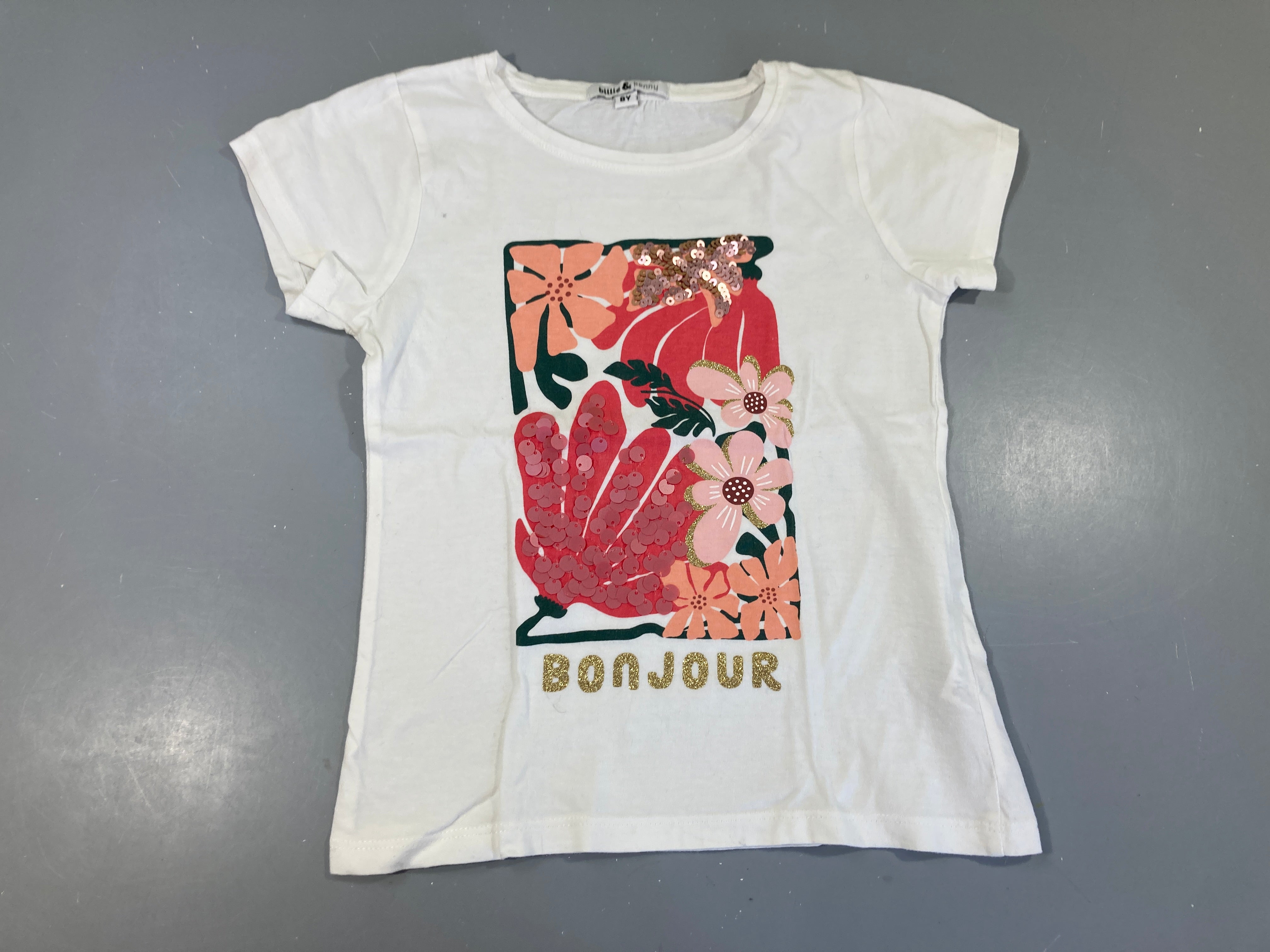 T-shirt m.c blanc cadre  fleurs sequins