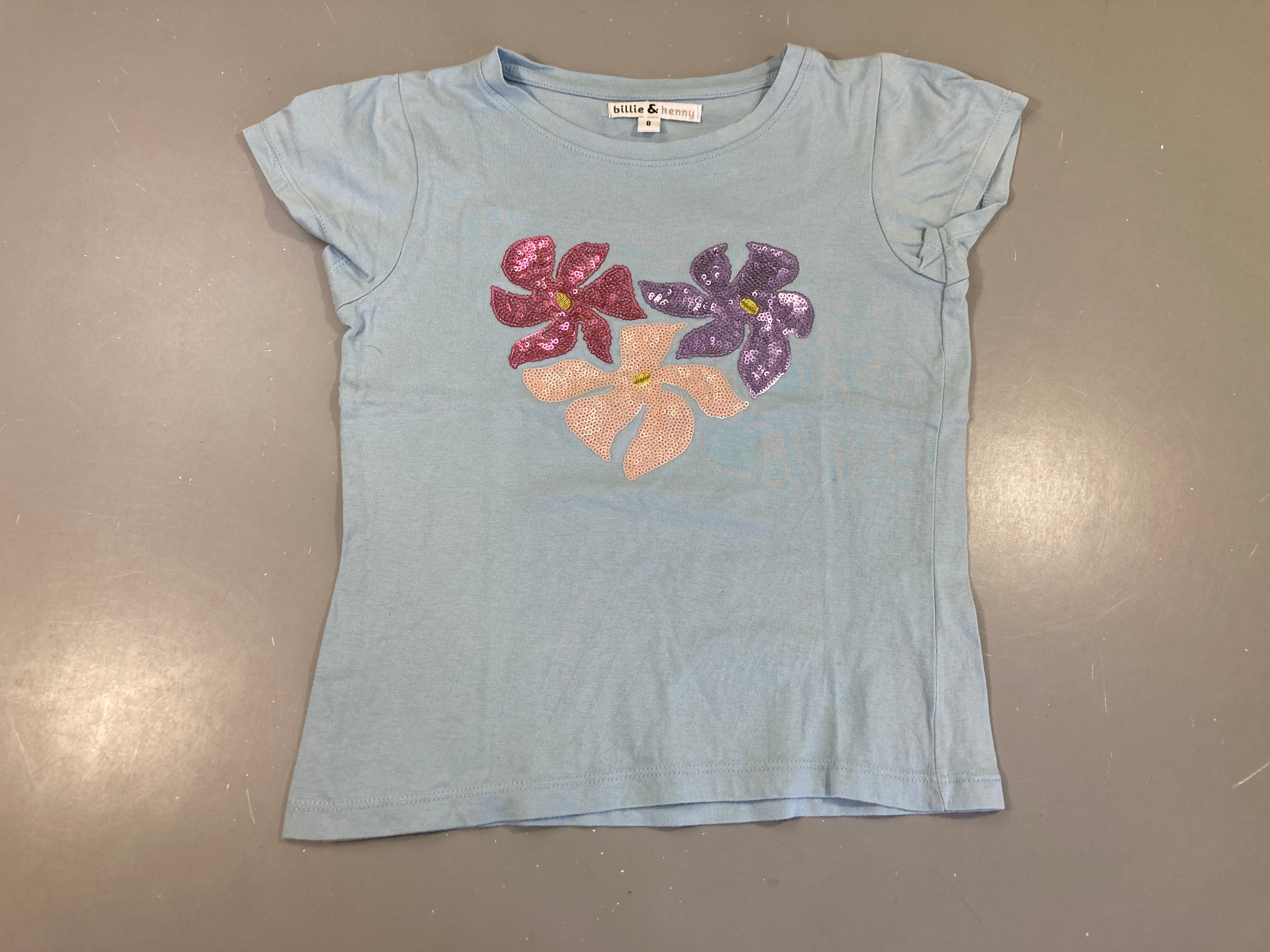 T-shirt m.c bleu fleurs sequins