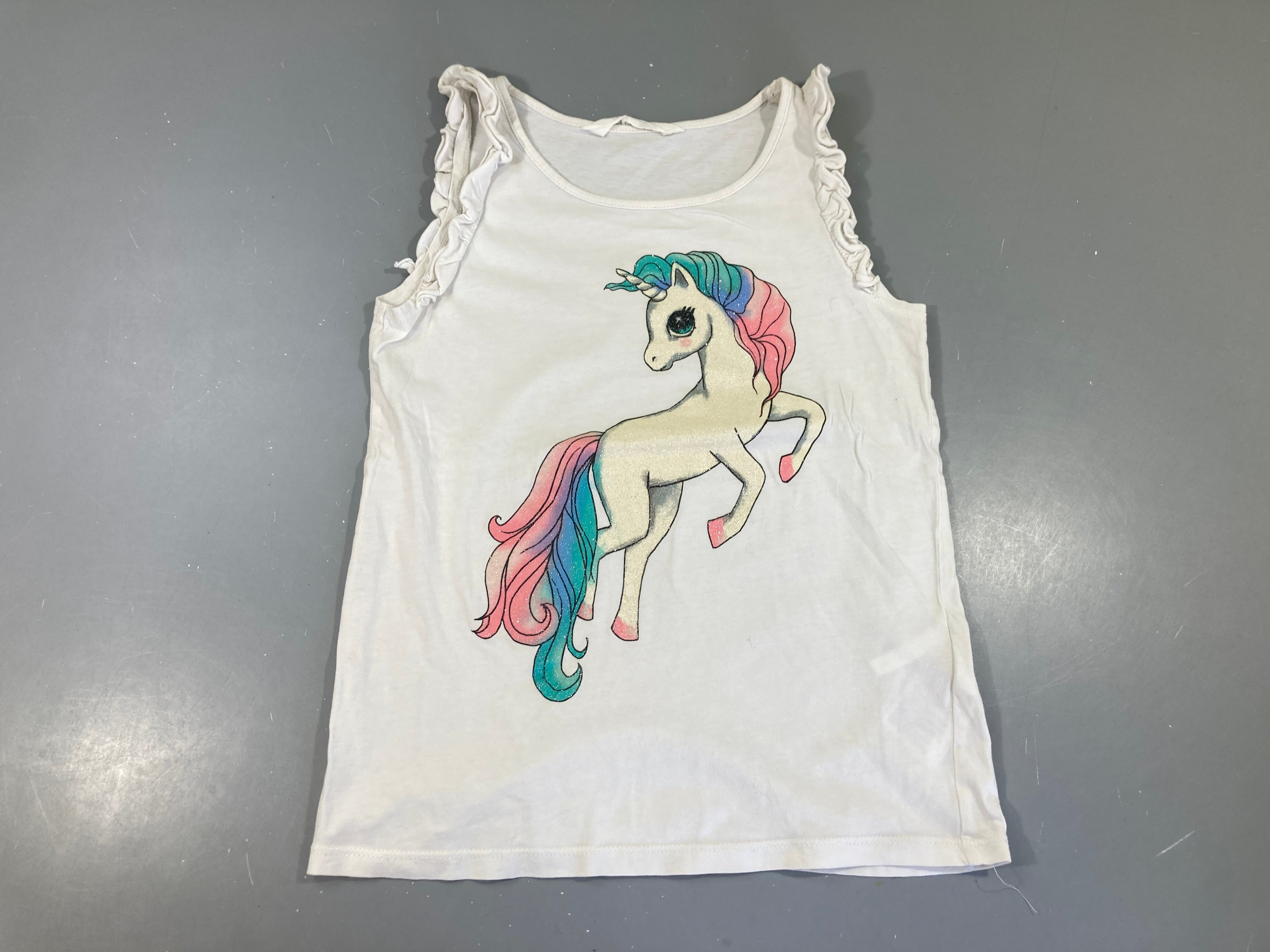 T-shirt s.m blanc Licorne irisée froufrou épaules-Tachée arrière bas
