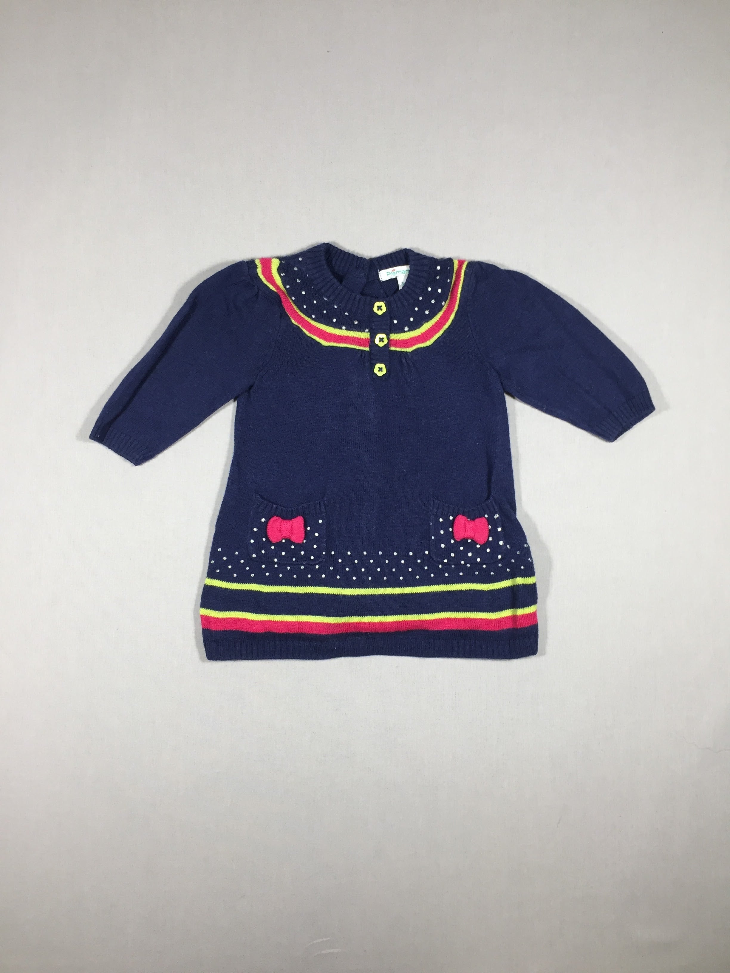 Robe pull bleu foncé lignes jaunes et roses - points argentés