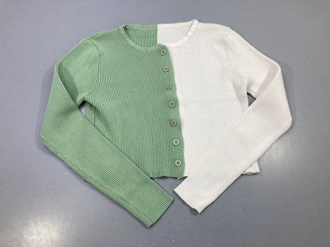 Gilet vert sauge et blanc bicolore côtelé court, moins cher chez Petit Kiwi
