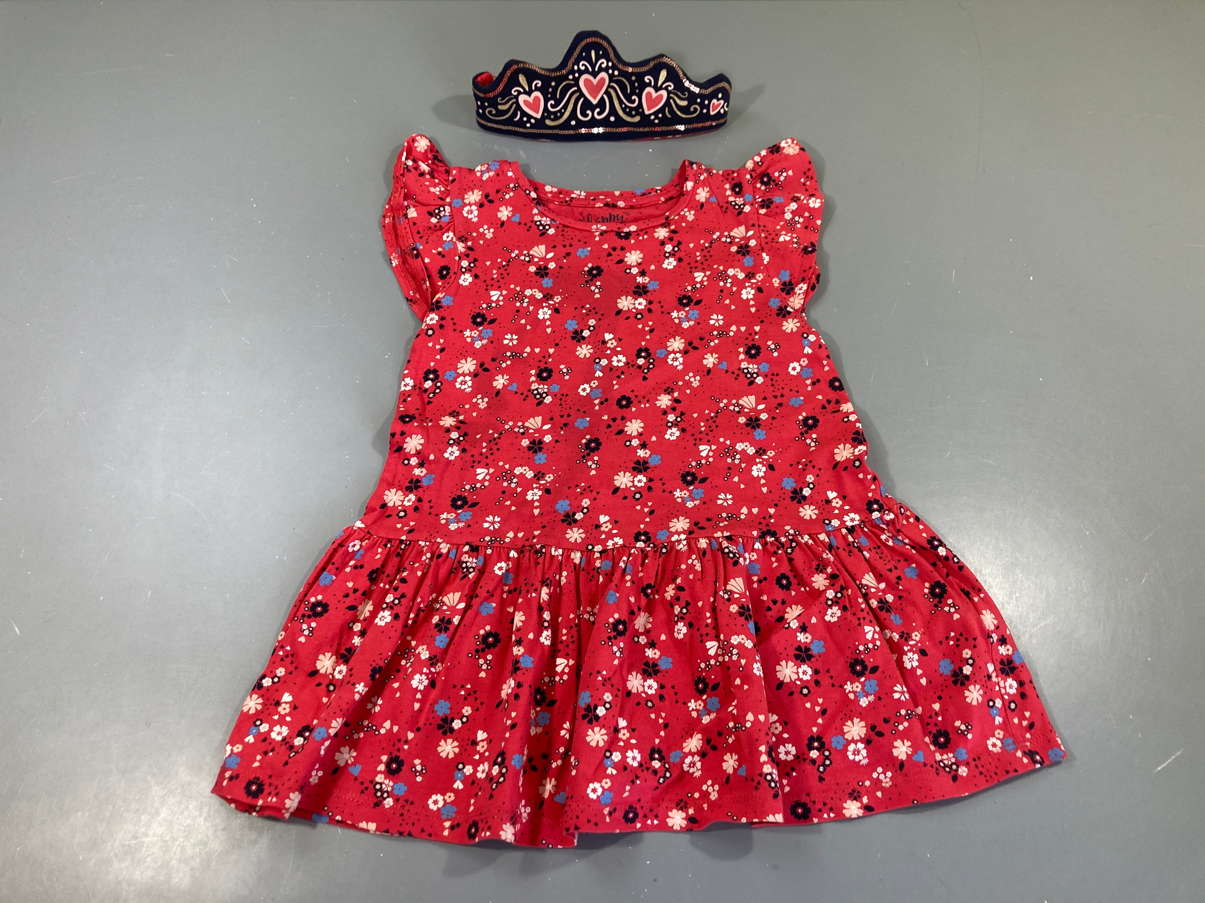 Robe s.m jersey rose fleurie + Bandeau couronne